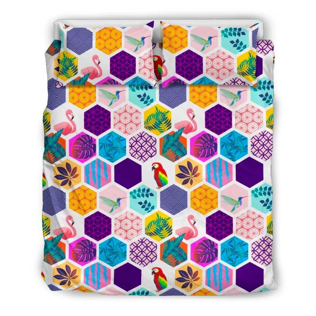 Hawaii Parrot Toucans Hummingbird Flamingo Tropical Leaves Bedding Set