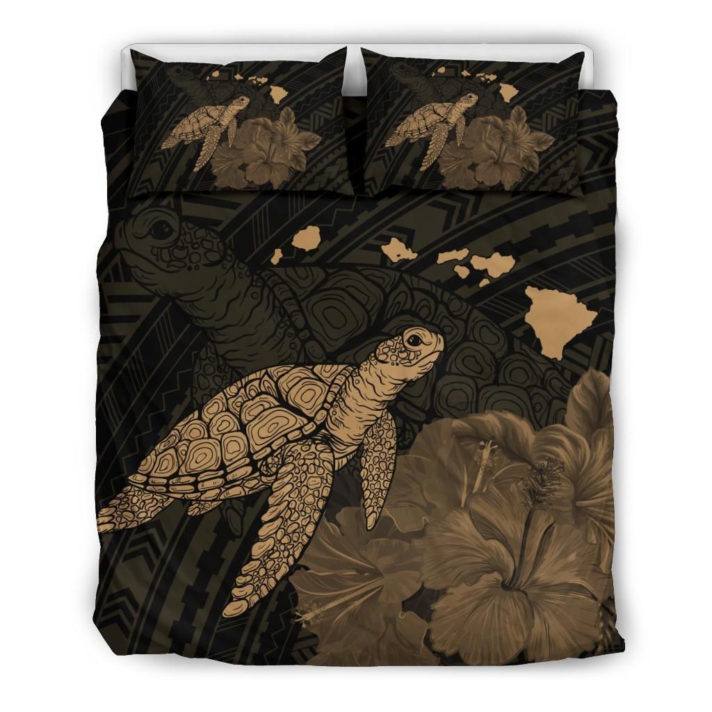 Hawaii Polynesian Hibiscus Turtle Map Gold Leaf Bedding Set