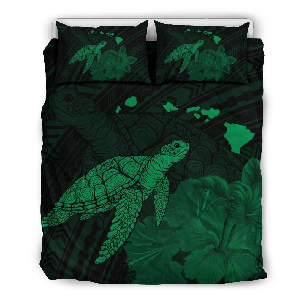 Hawaii Polynesian Hibiscus Turtle Map Green Leaf Bedding Set