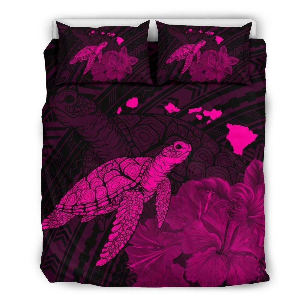 Hawaii Polynesian Hibiscus Turtle Map Pink Bedding Set