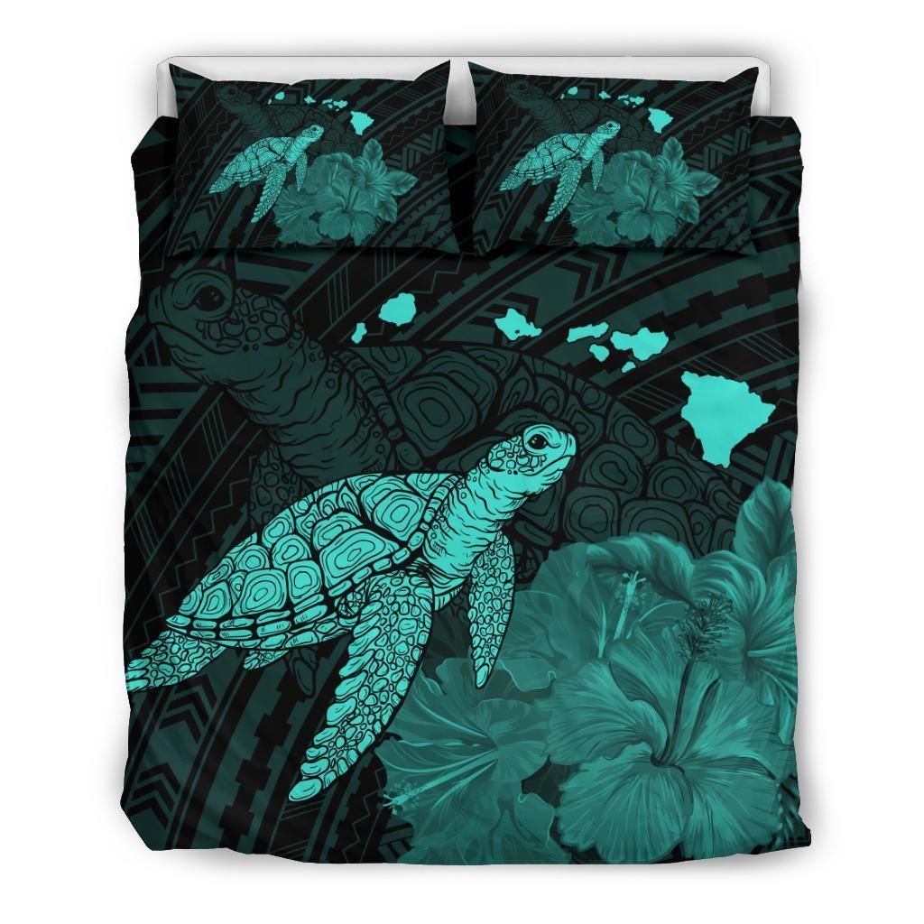 Hawaii Polynesian Hibiscus Turtle Map Turquoise Bedding Set