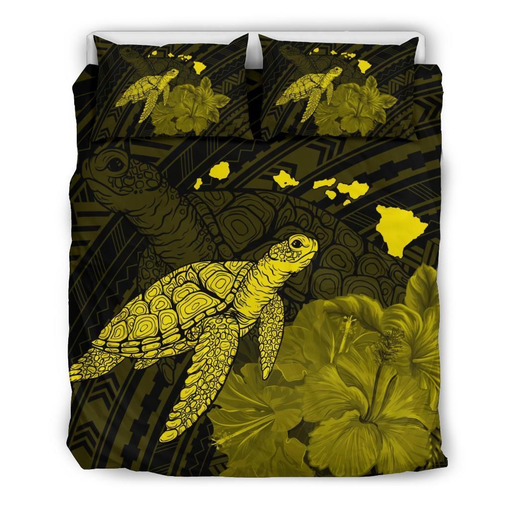 Hawaii Polynesian Hibiscus Turtle Map Yellow Bedding Set