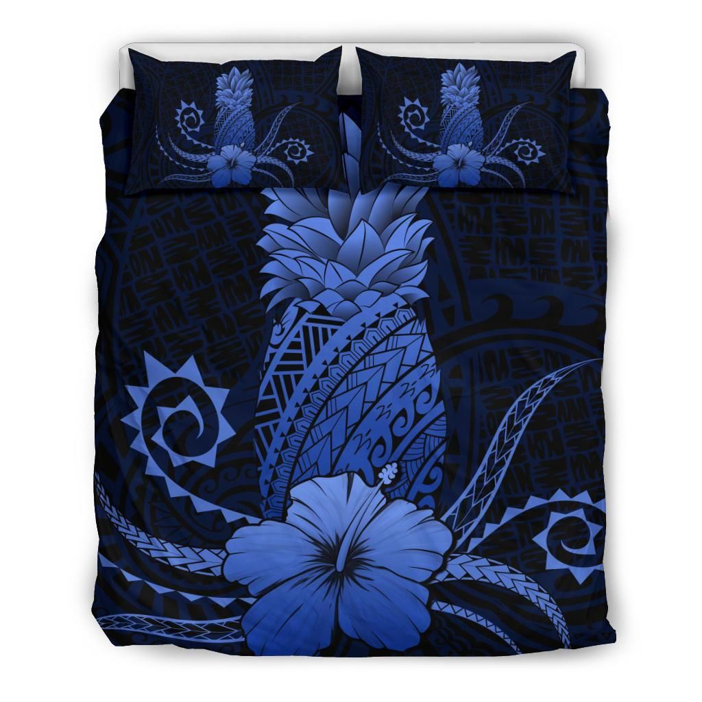 Hawaii Polynesian Pineapple Hibiscus Zela Style Blue Bedding Set