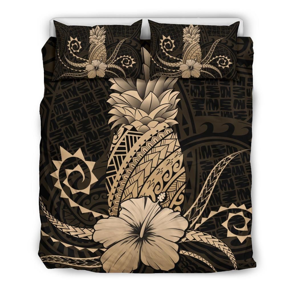 Hawaii Polynesian Pineapple Hibiscus Zela Style Gold Bedding Set