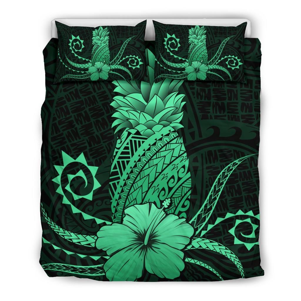 Hawaii Polynesian Pineapple Hibiscus Zela Style Green Bedding Set