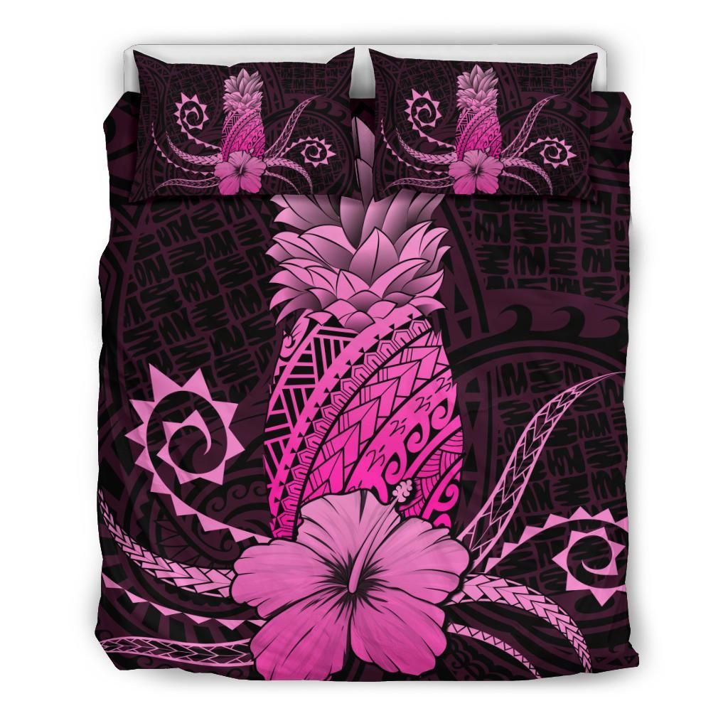 Hawaii Polynesian Pineapple Hibiscus Zela Style Pink Bedding Set