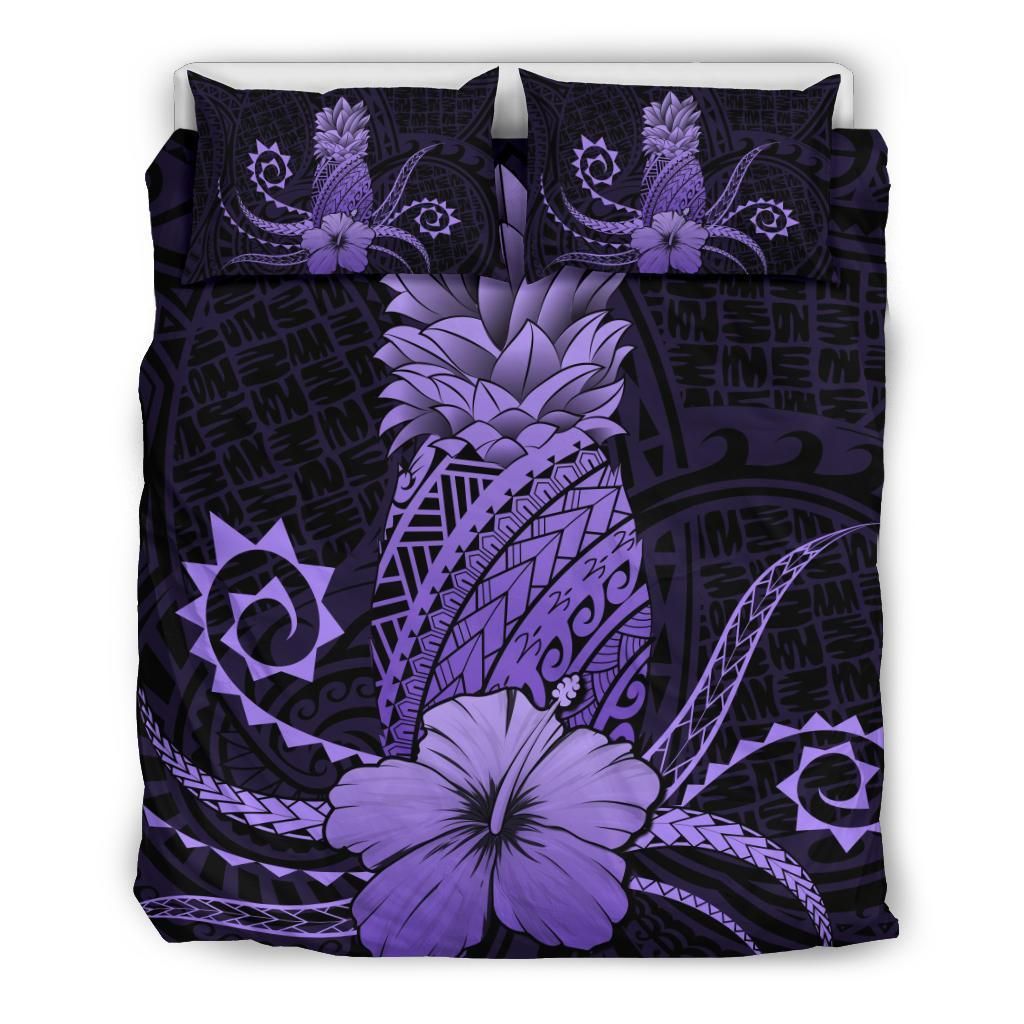 Hawaii Polynesian Pineapple Hibiscus Zela Style Purple Bedding Set