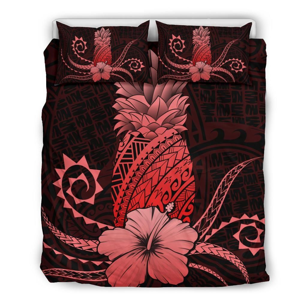 Hawaii Polynesian Pineapple Hibiscus Zela Style Red Bedding Set