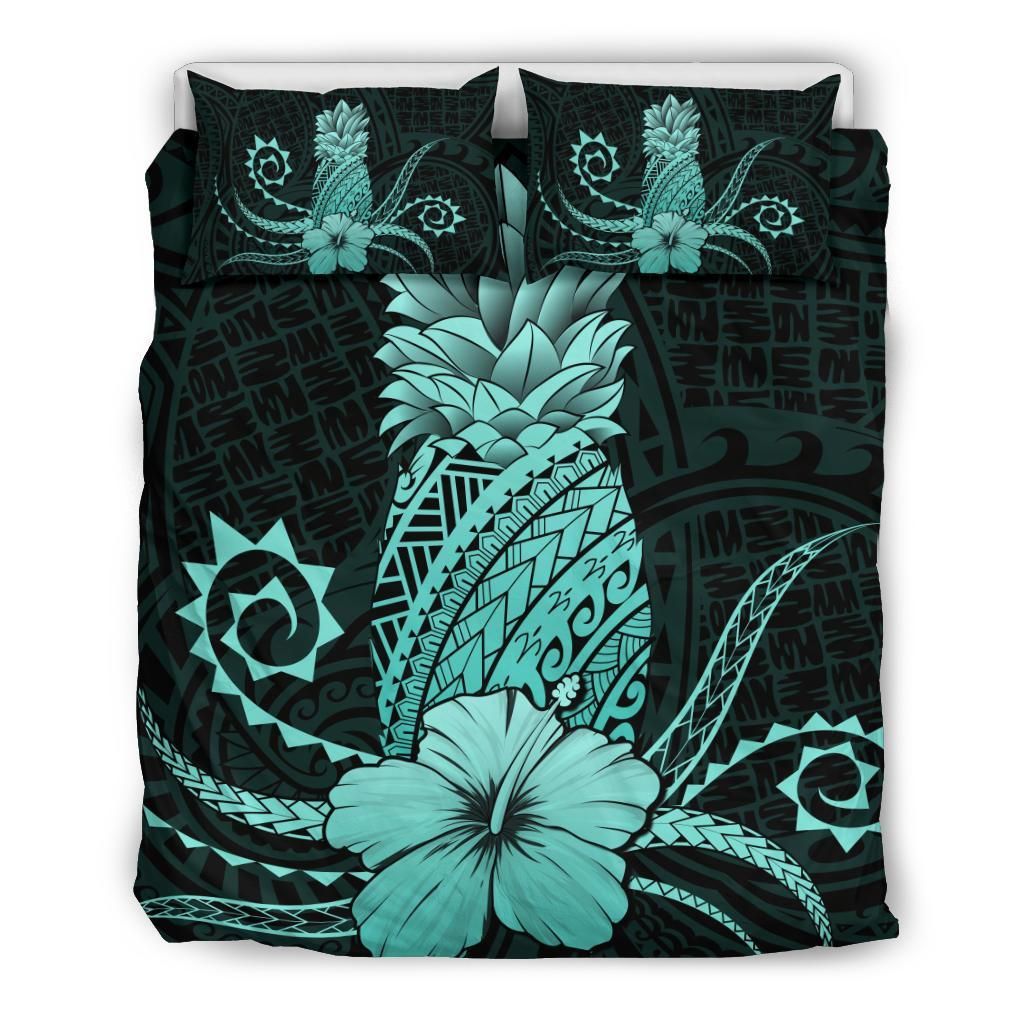 Hawaii Polynesian Pineapple Hibiscus Zela Style Turquoise Bedding Set
