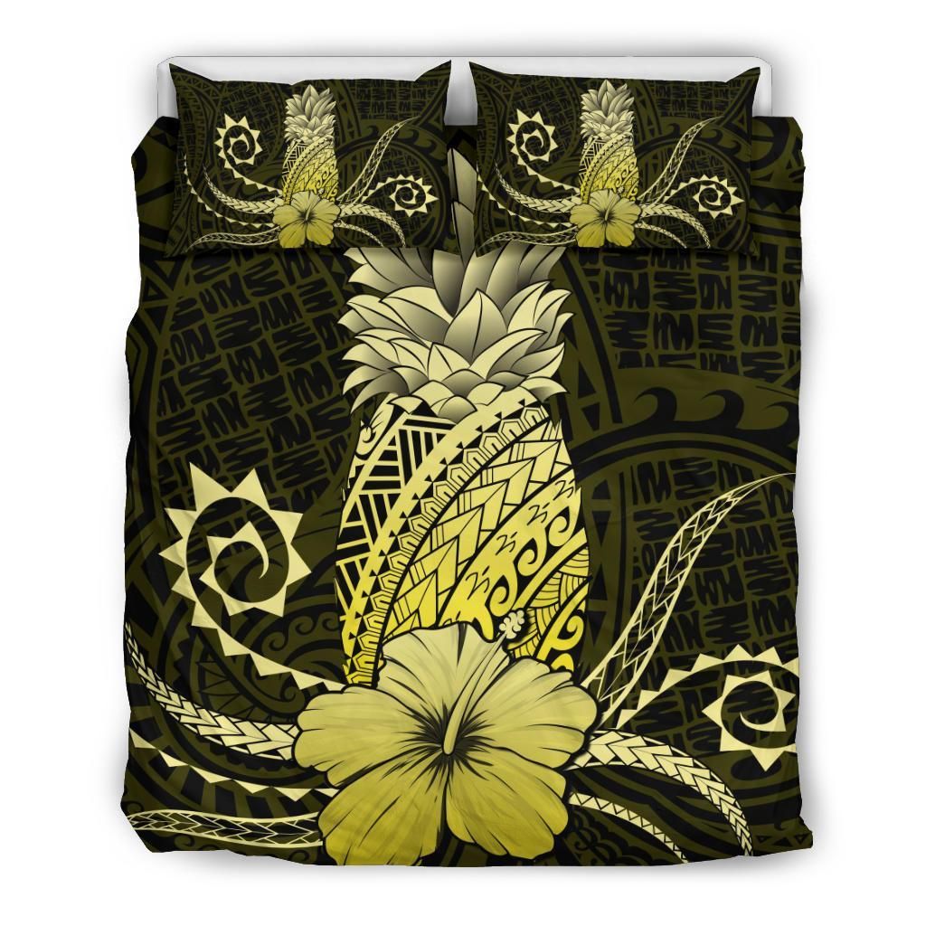 Hawaii Polynesian Pineapple Hibiscus Zela Style Yellow Bedding Set