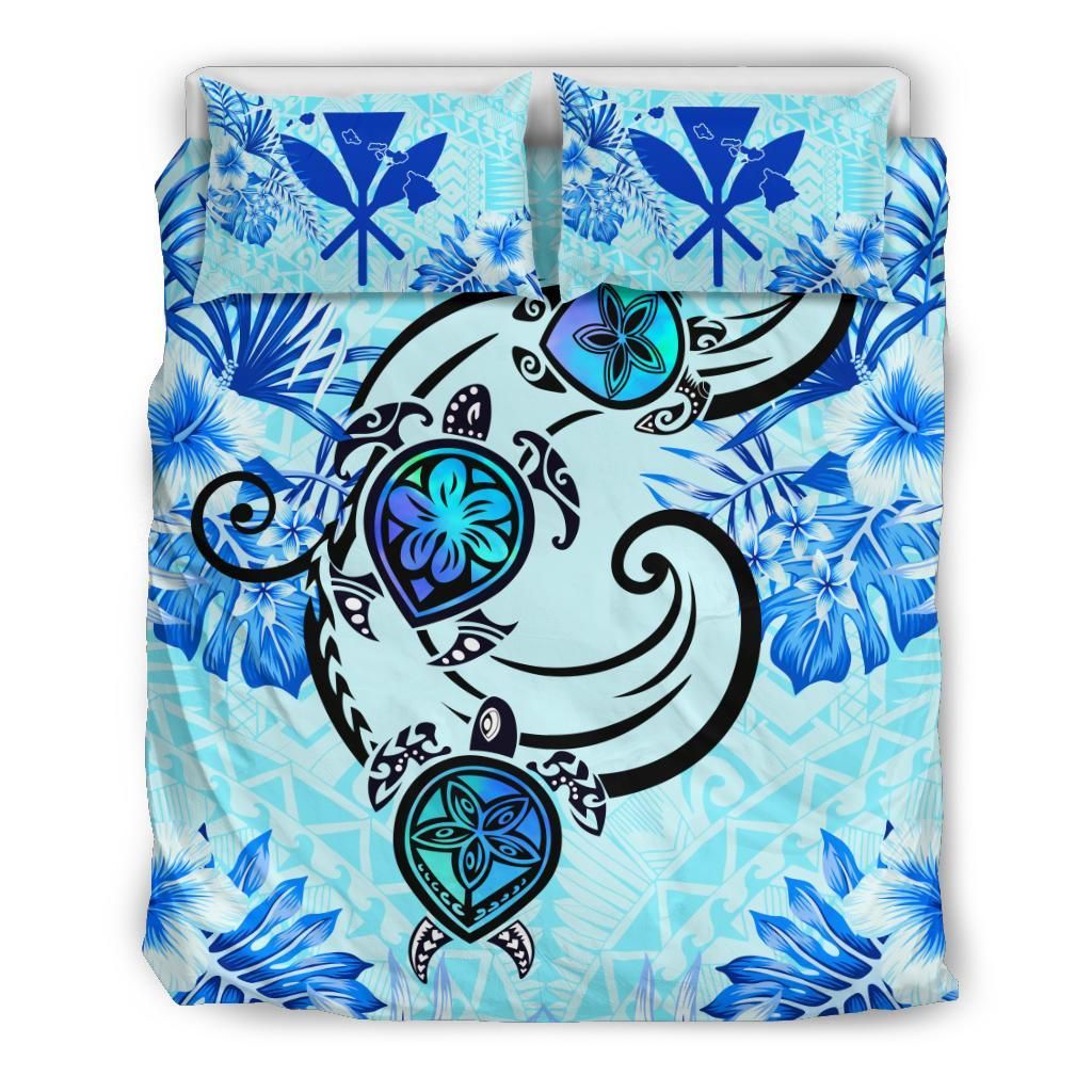 Hawaii Polynesian Plumeria Hibiscus Turtle Light Blue Bedding Set