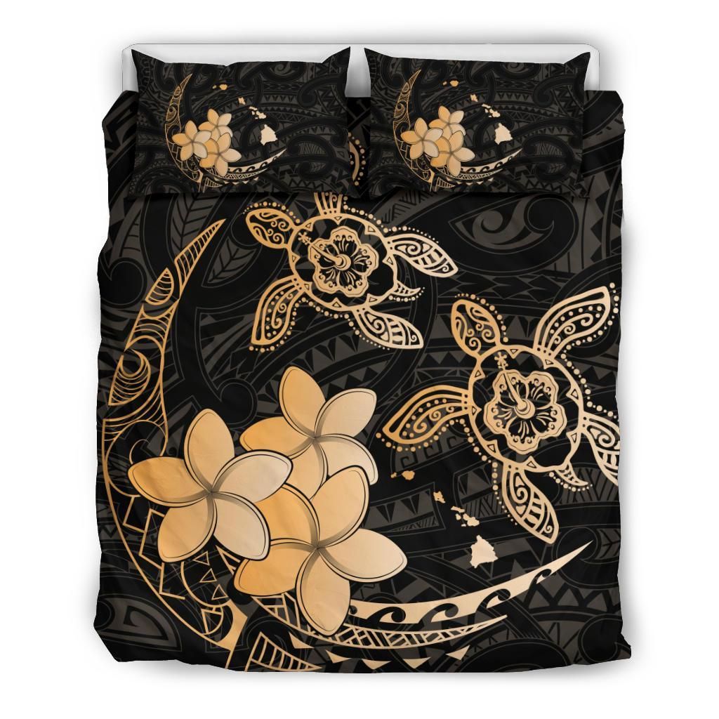 Hawaii Polynesian Turtle Plumeria Pog Style Gold Bedding Set