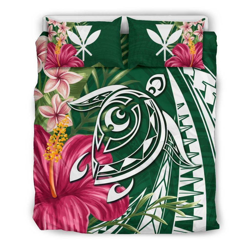 Hawaii Polynesian Turtle Tropical Hibiscus Plumeria Green Bedding Set