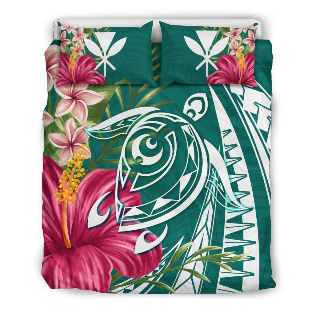 Hawaii Polynesian Turtle Tropical Hibiscus Plumeria Turquoise Bedding Set