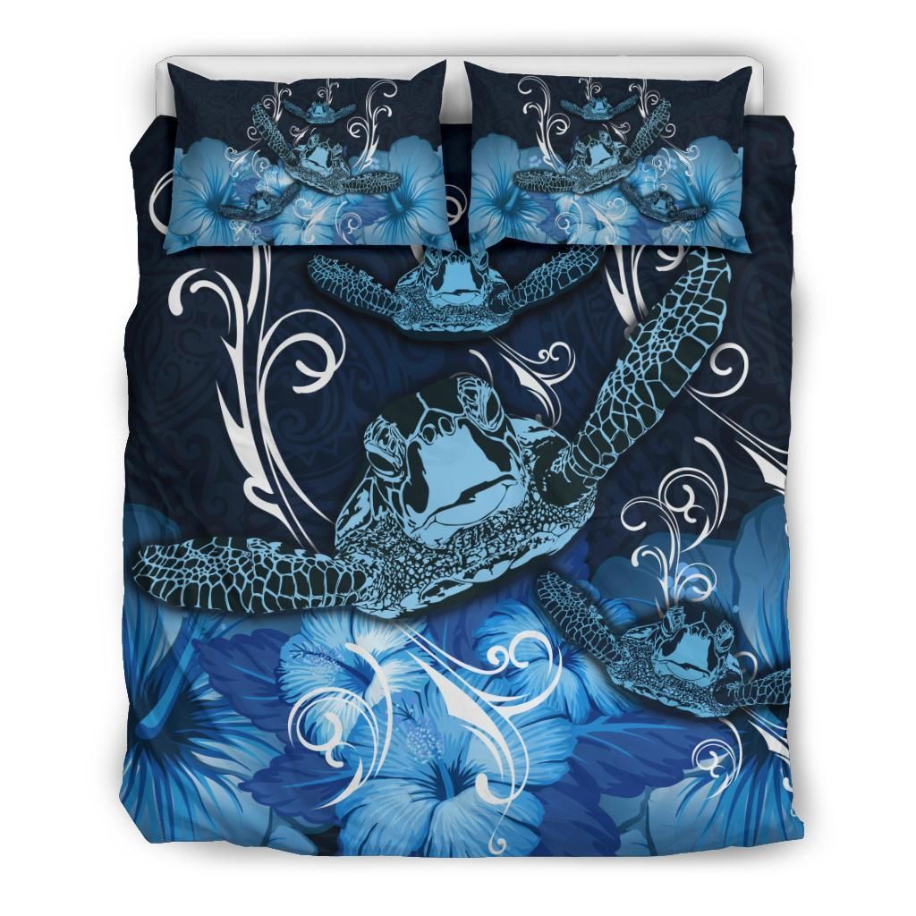 Hawaii Polynesian Turtle Waves Hibiscus Erik Style Blue Bedding Set