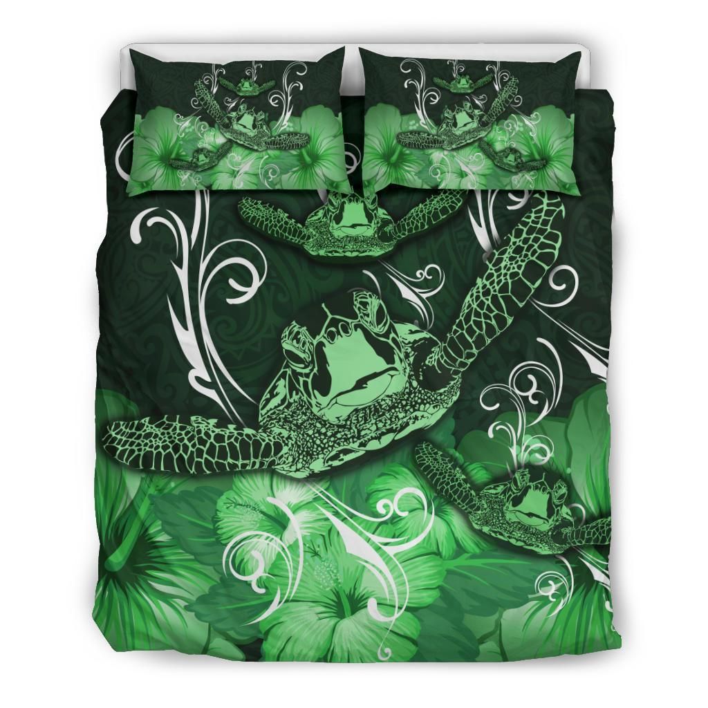 Hawaii Polynesian Turtle Waves Hibiscus Green Bedding Set