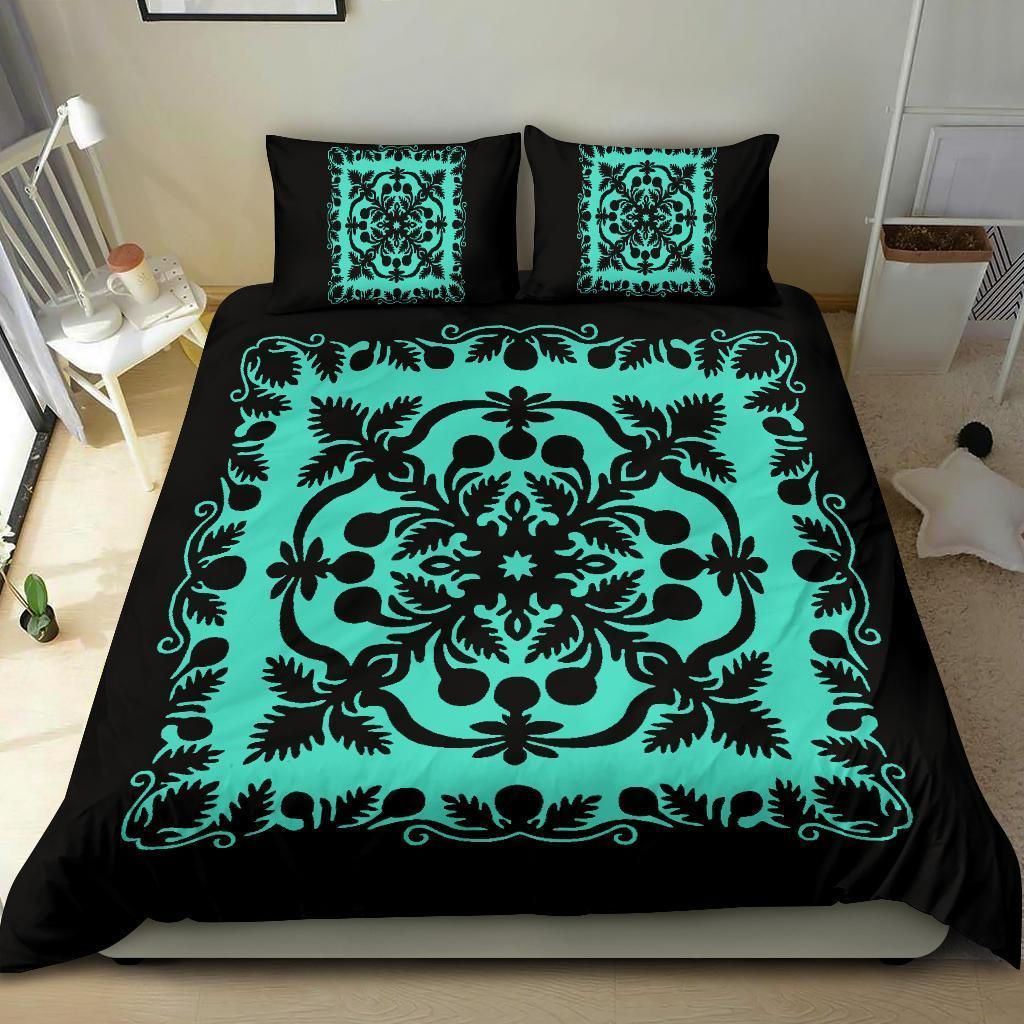Hawaii Royal Pattern Black And Turquoise Bedding Set