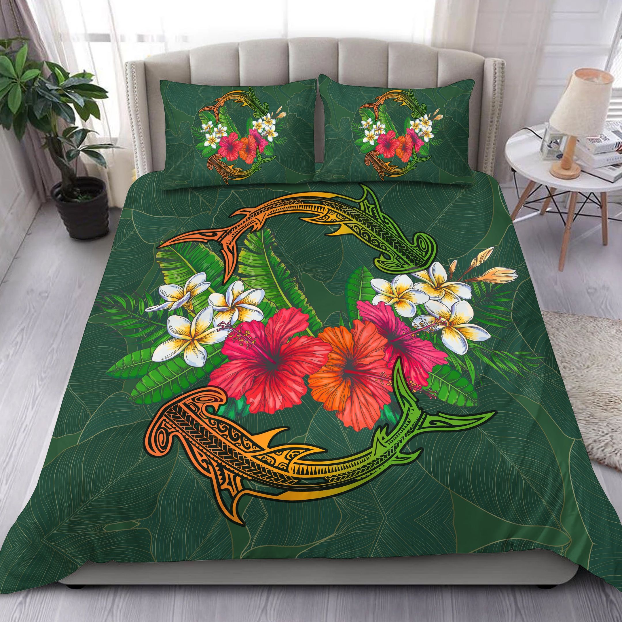 Hawaii Shark Hibiscus Tropical Polynesian Arian Style Bedding Set