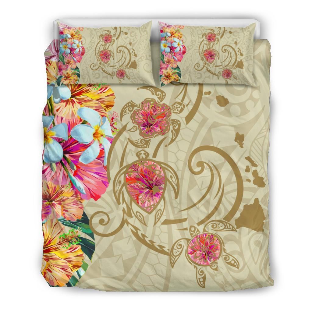 Hawaii Triple Marble Turtle Polynesian Hibiscus Benjamin Style Beige Bedding Set