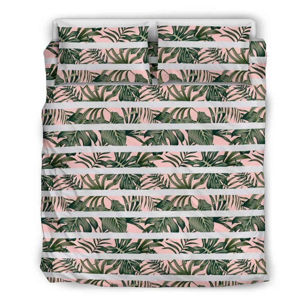 Hawaii Tropical Dark Green Leaves Seamless Pattern White Stripes Pink Background Bedding Set