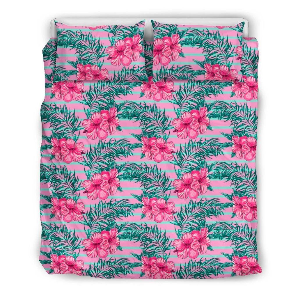 Hawaii Tropical Flowers Palm Leaves Hibiscus Strips Bedding Set