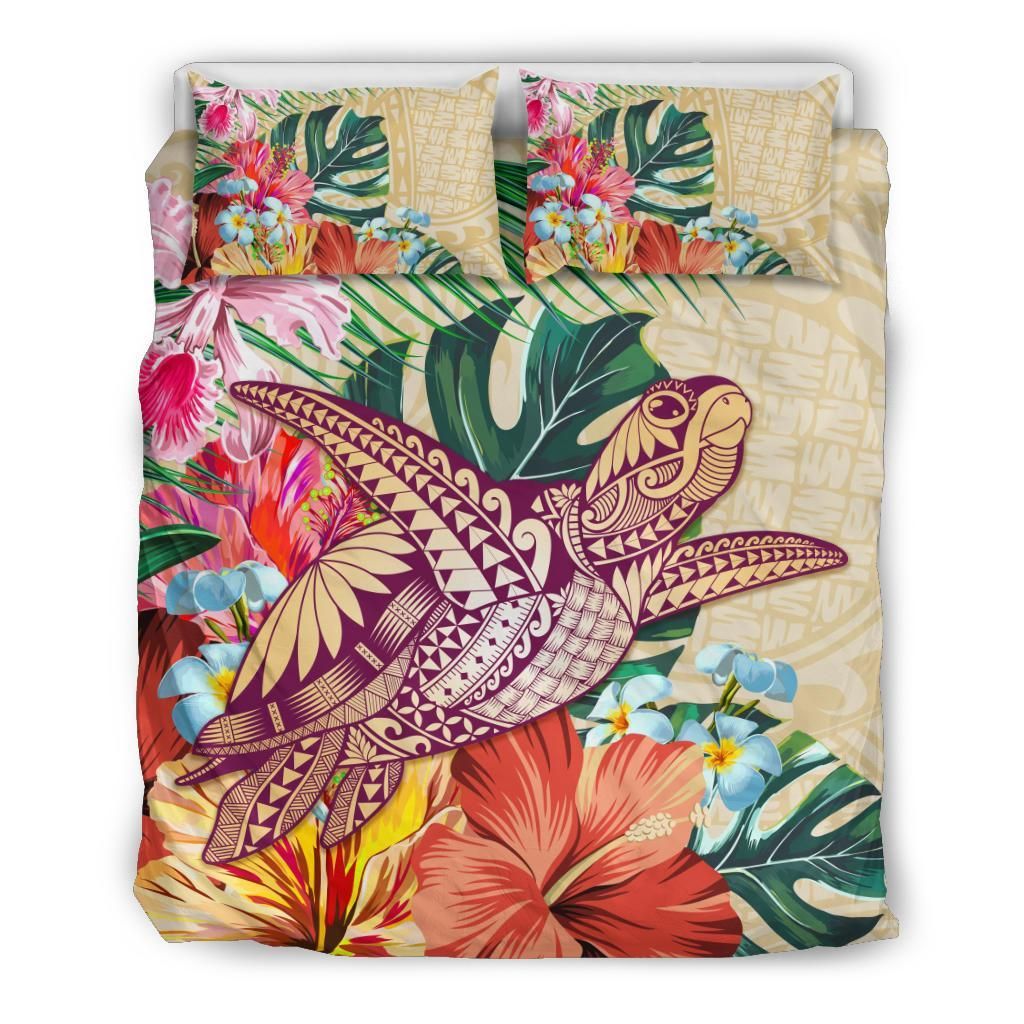 Hawaii Tropical Hibiscus Plumeria Turtle Beige Bedding Set