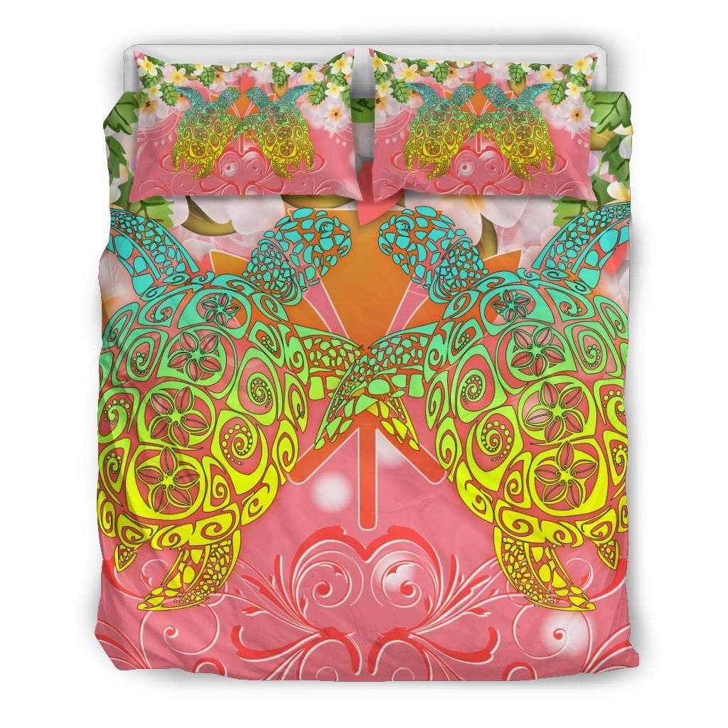 Hawaii Turtle Couple Plumeria Valentine Pattern Bedding Set