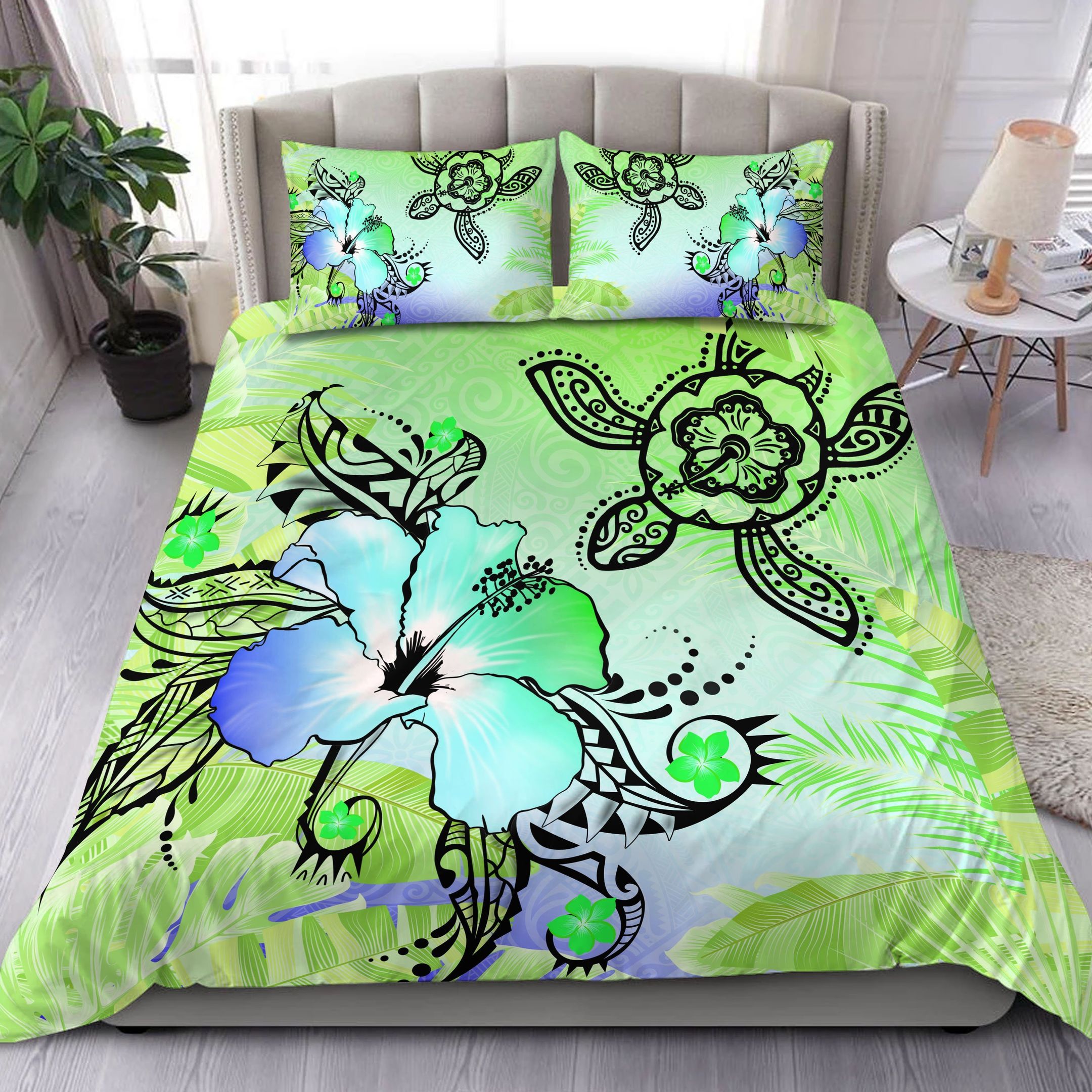 Hawaii Turtle Flowers And Palms Retro Lime Bedding Set