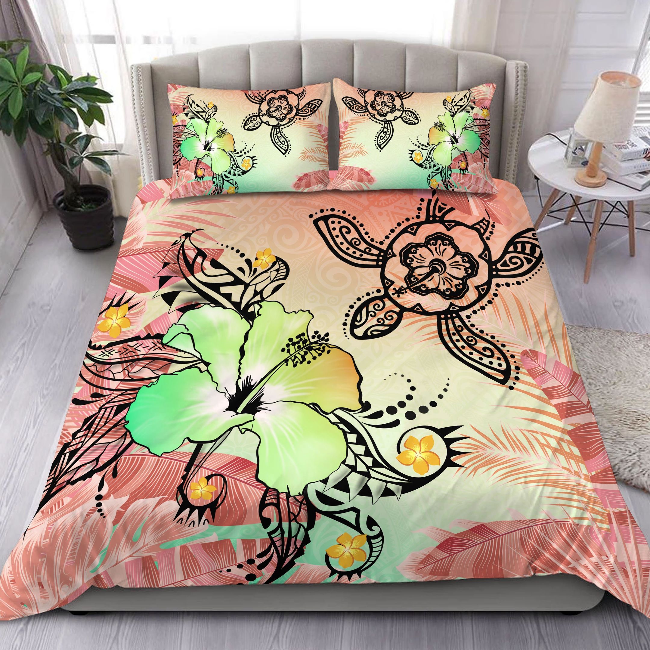Hawaii Turtle Flowers And Palms Retro Peach Bedding Set