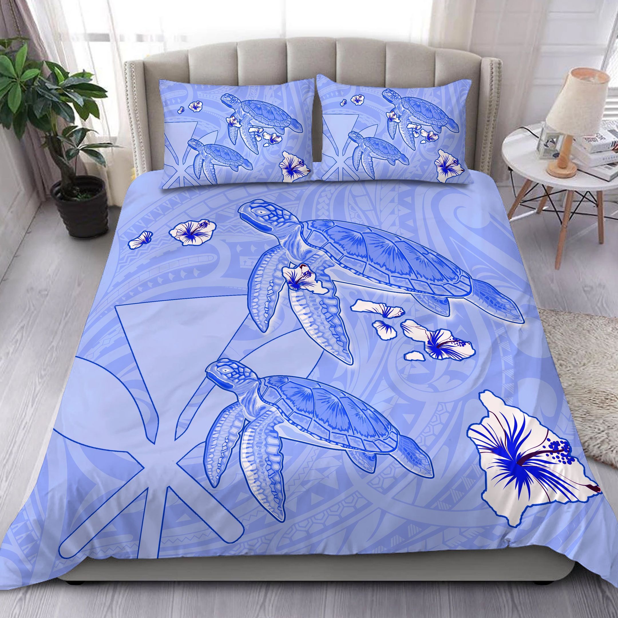 Hawaii Turtle Hibiscus Kanaka Map Blue Bedding Set