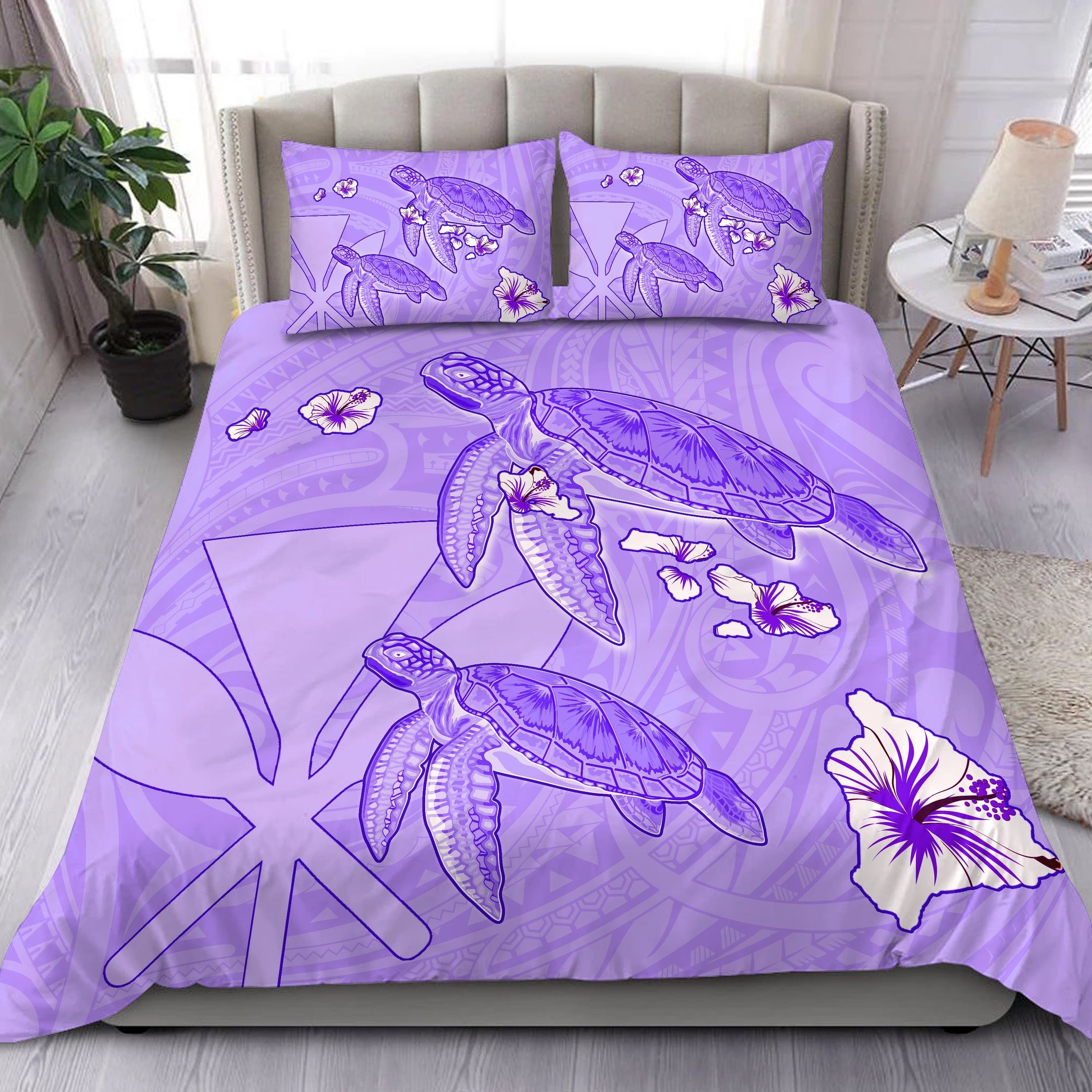 Hawaii Turtle Hibiscus Kanaka Map Light Purple Bedding Set