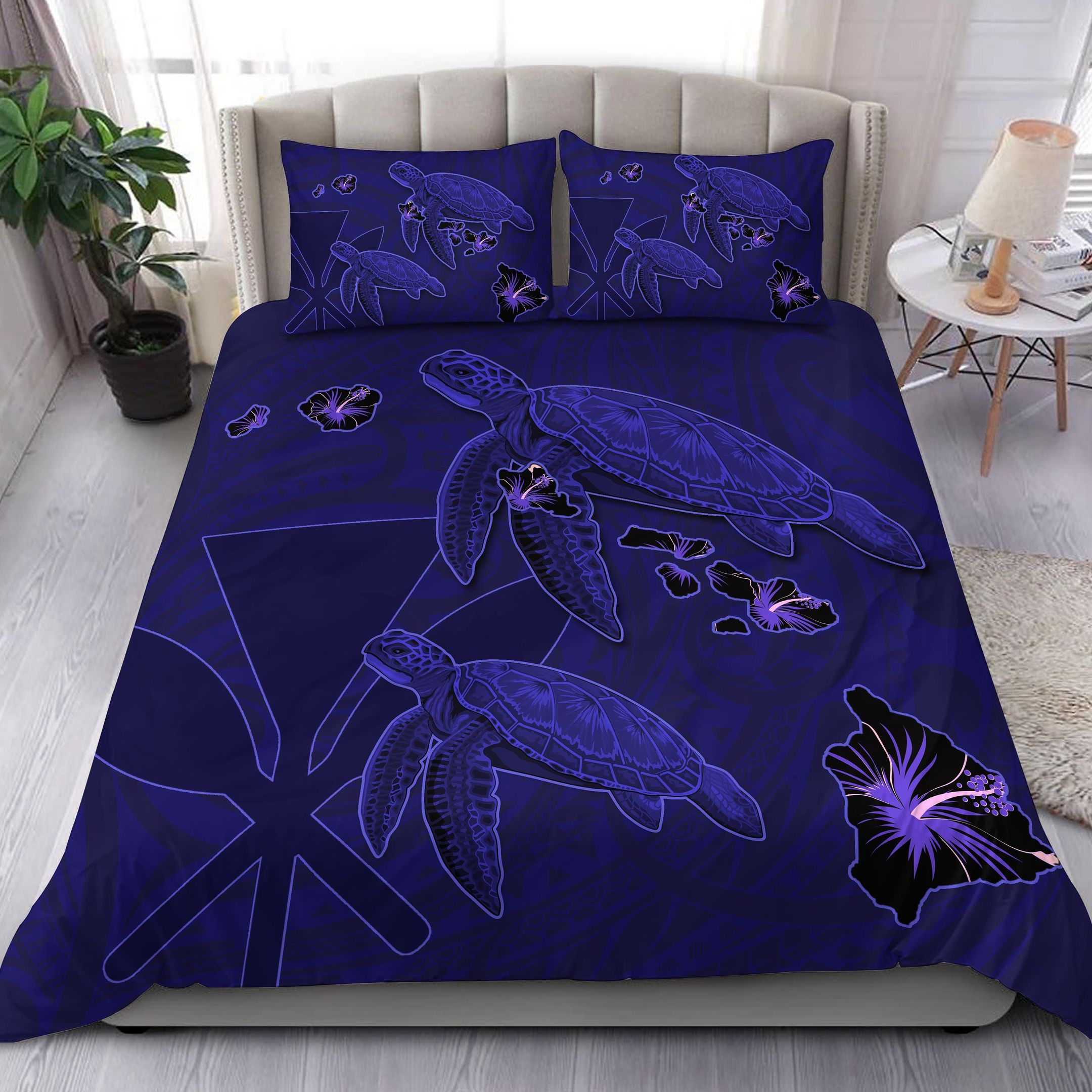 Hawaii Turtle Hibiscus Kanaka Map Polynesian Aura Style Bedding Set