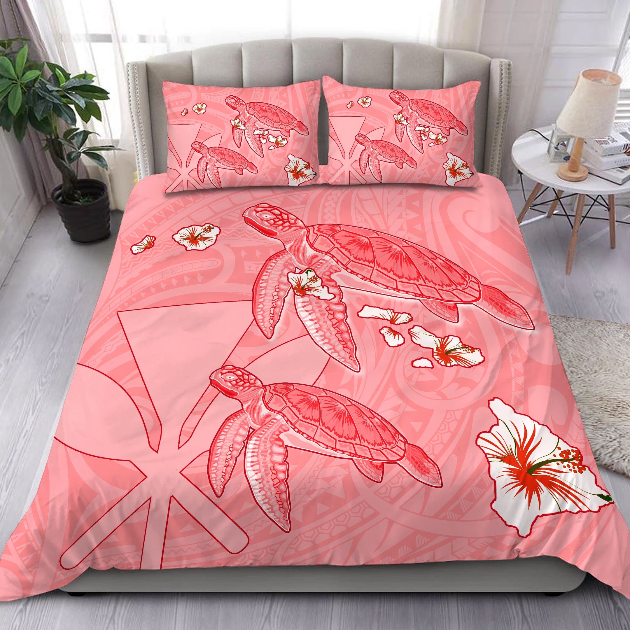 Hawaii Turtle Hibiscus Kanaka Map Red Aura Style Bedding Set