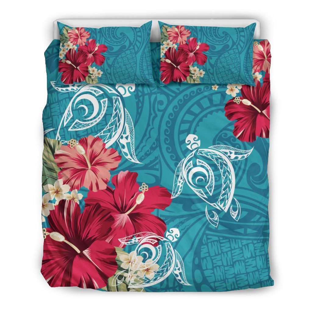 Hawaii Turtle Hibiscus Plumeria Blue Polynesian Bedding Set