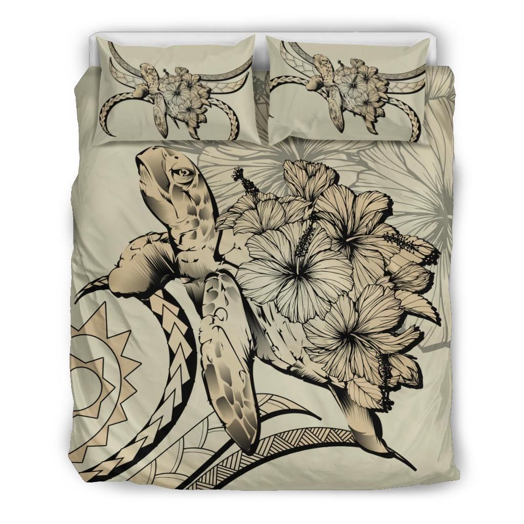 Hawaii Turtle Hibiscus Polynesian Vintage Beige Bedding Set