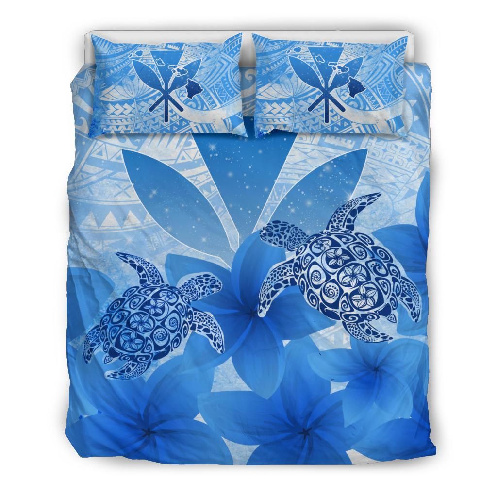 Hawaii Turtle Kanaka Plumeria Polynesian Blue Bedding Set