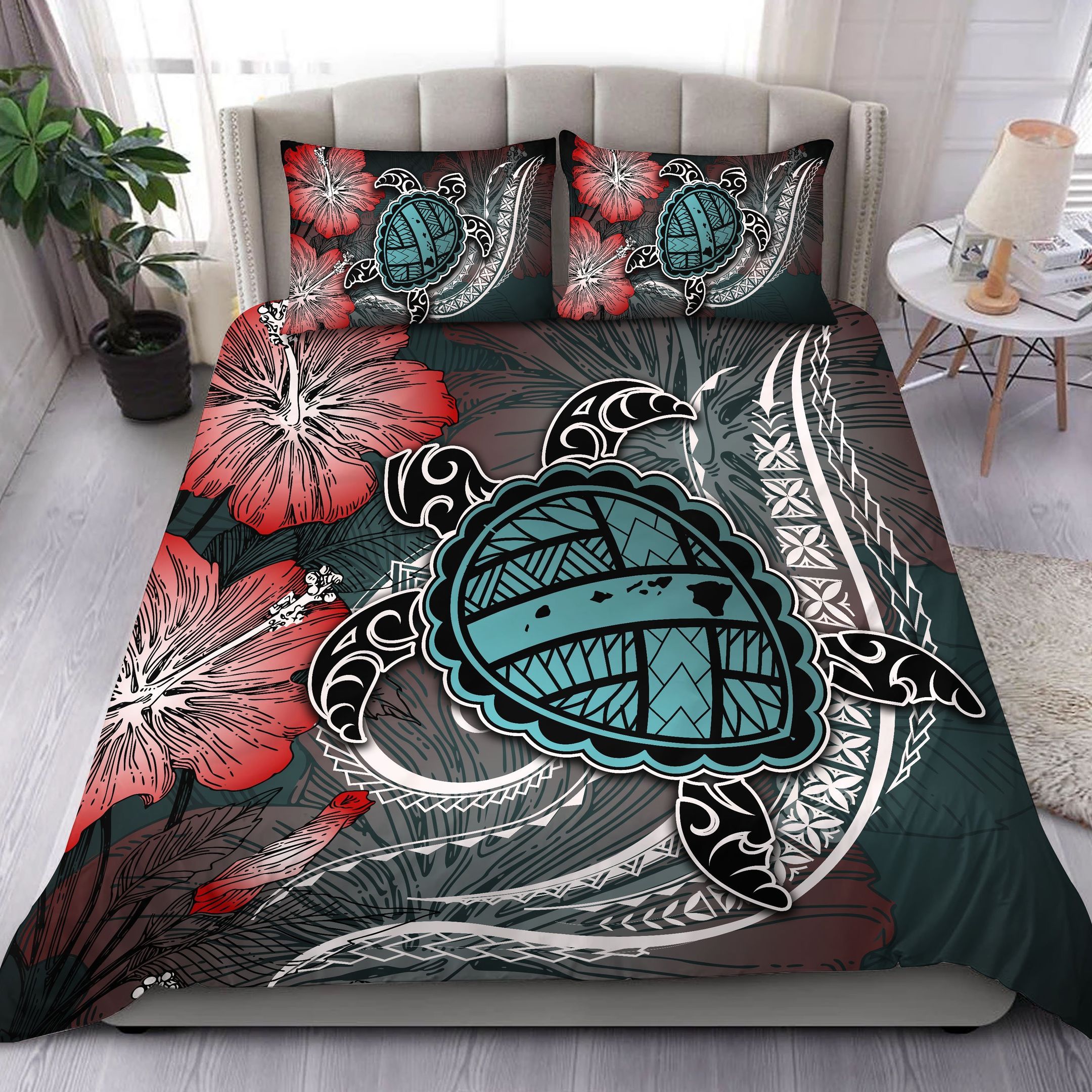 Hawaii Turtle Map Hibiscus Polynesian Bedding Set