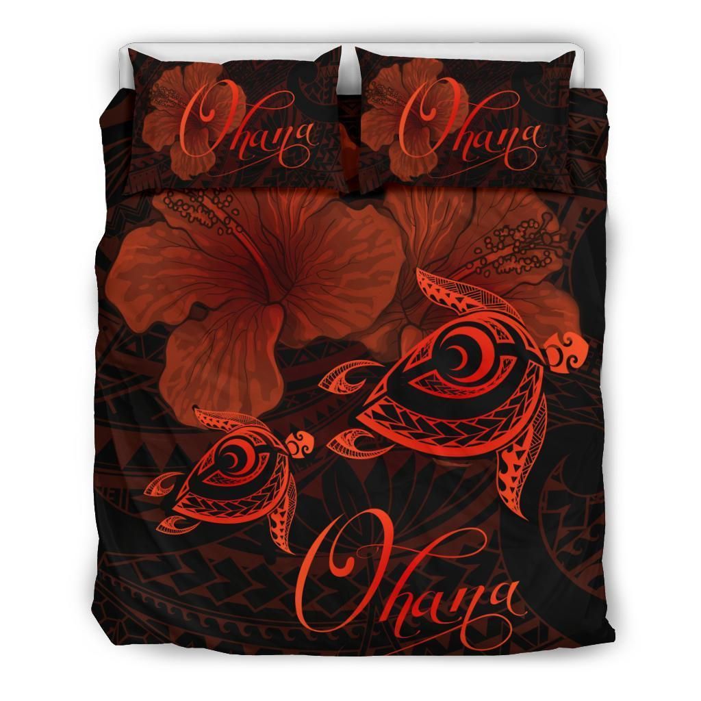 Hawaii Turtle Ohana Hibiscus Poly Orange Custom Name Bedding Set