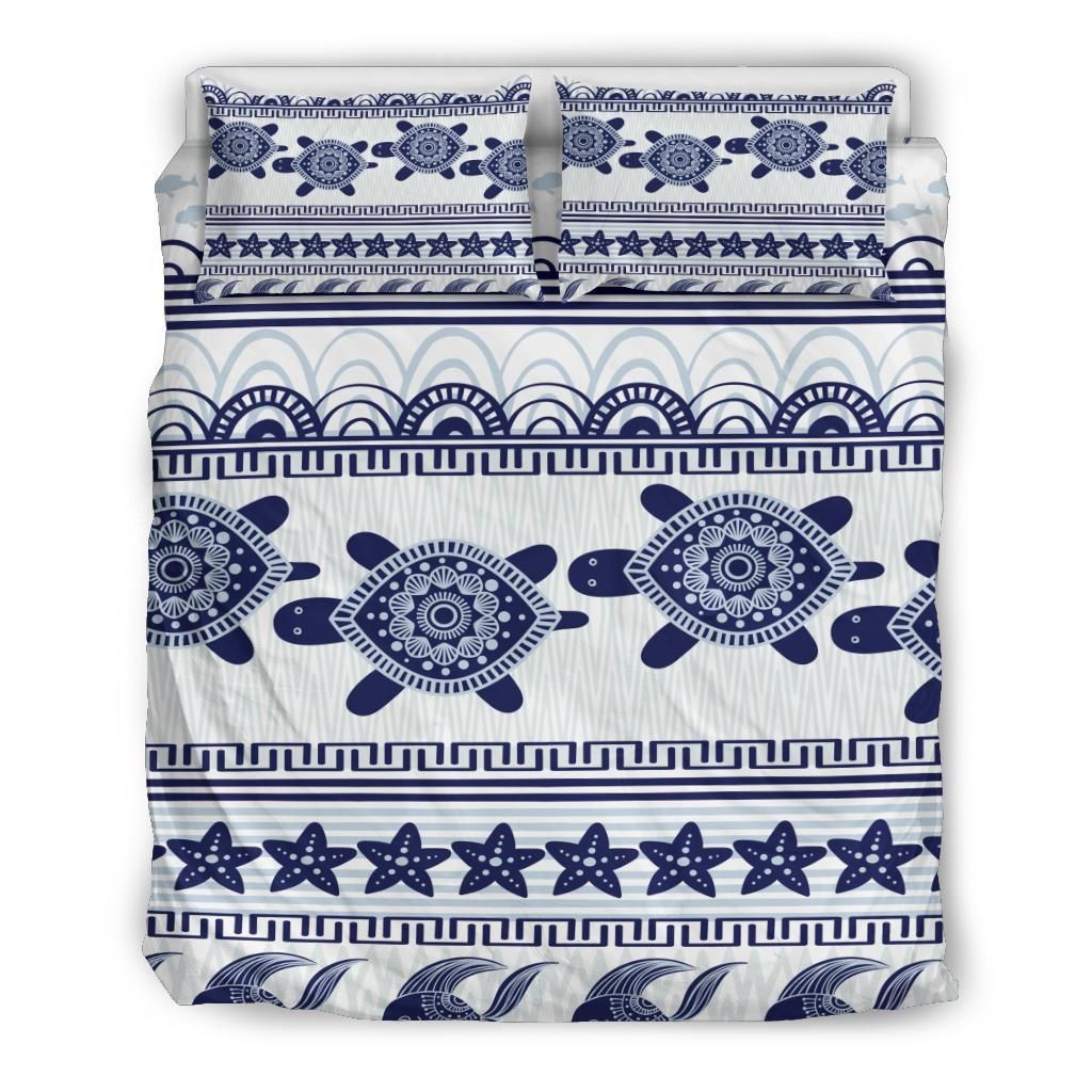 Hawaii Turtle Pattern Dark Blue And White Bedding Set