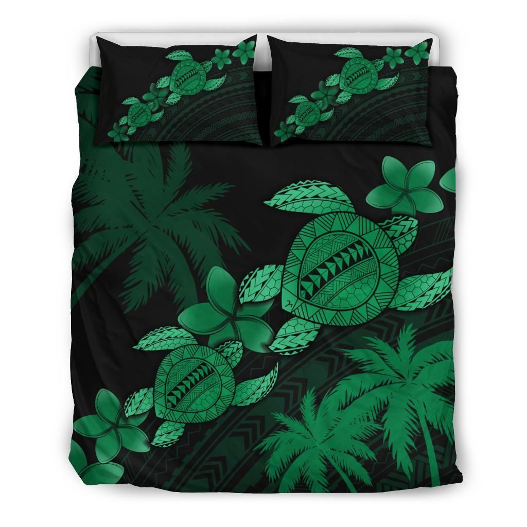 Hawaii Turtle Plumeria Coconut Tree Polynesian Green Bedding Set
