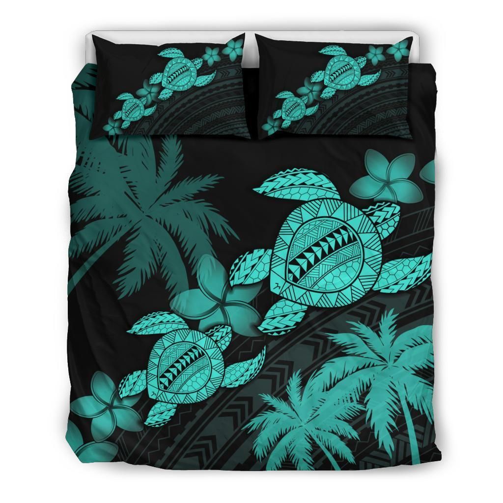 Hawaii Turtle Plumeria Coconut Tree Polynesian Turquoise Bedding Set