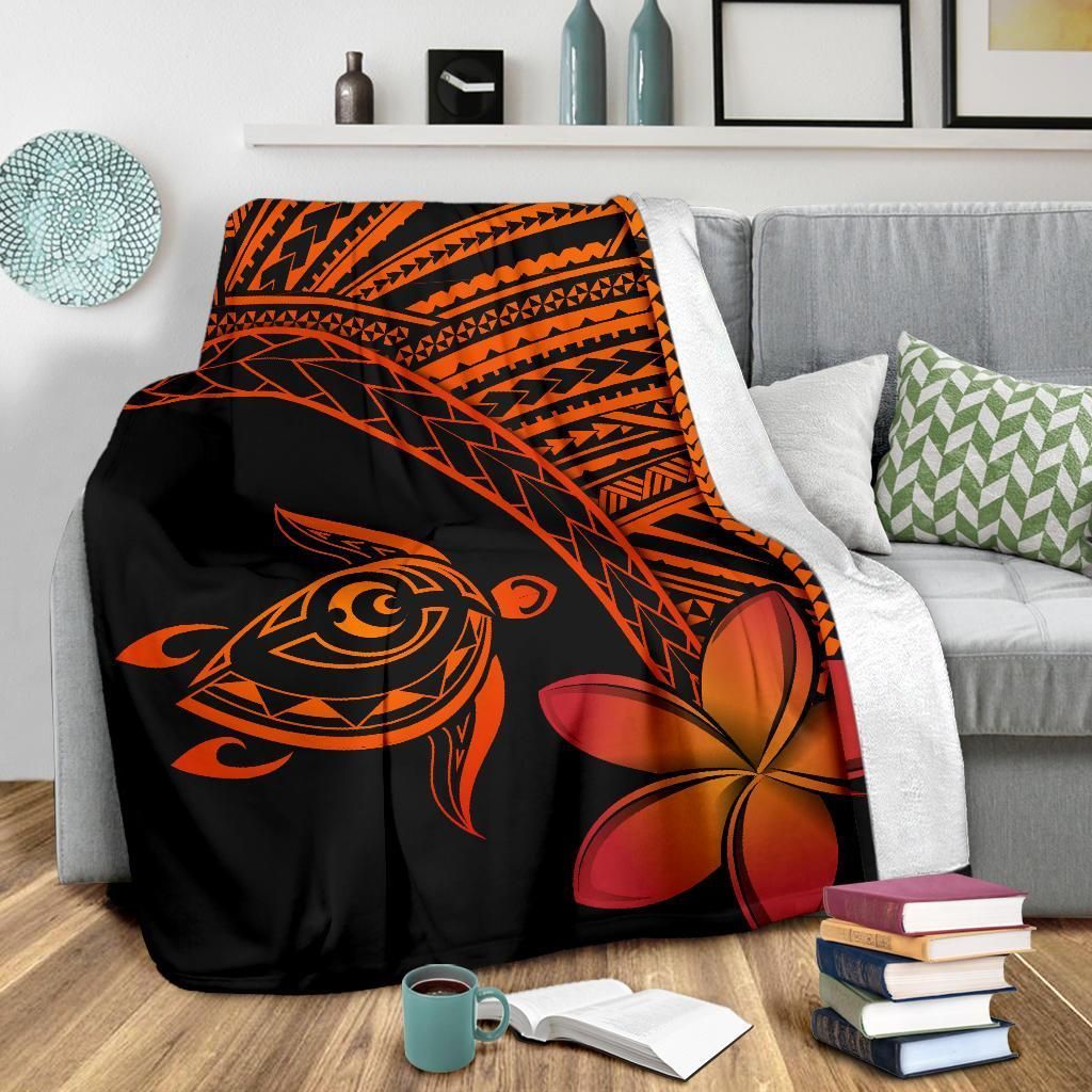 Hawaii Turtle Plumeria Orange Sherpa Fleece Blanket