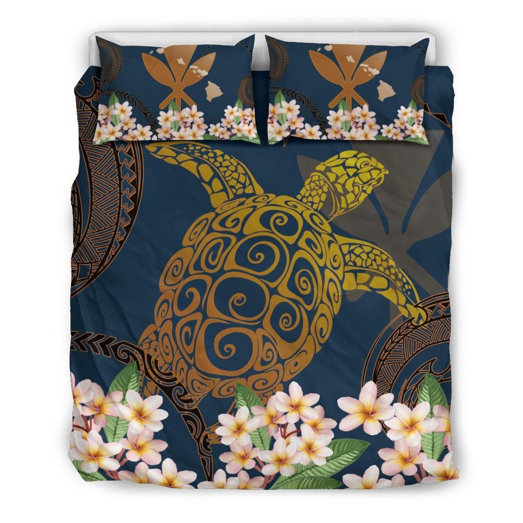 Hawaii Turtle Plumeria Polynesian Kanaka Map Blue Style Bedding Set