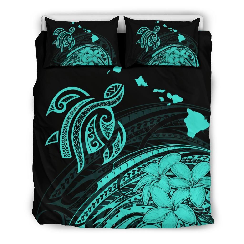 Hawaii Turtle Polynesian Map Plumeria Turquoise Bedding Set