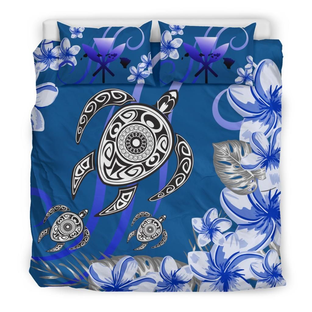 Hawaii Turtle Polynesian Mix Plumeria Blue Bedding Set