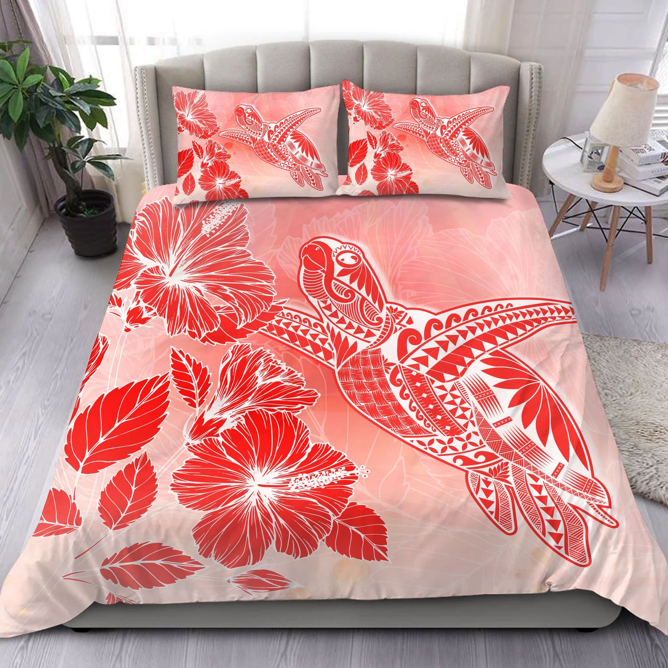 Hawaii Turtle Reach To The Sky Hibiscus Crimson Bedding Set