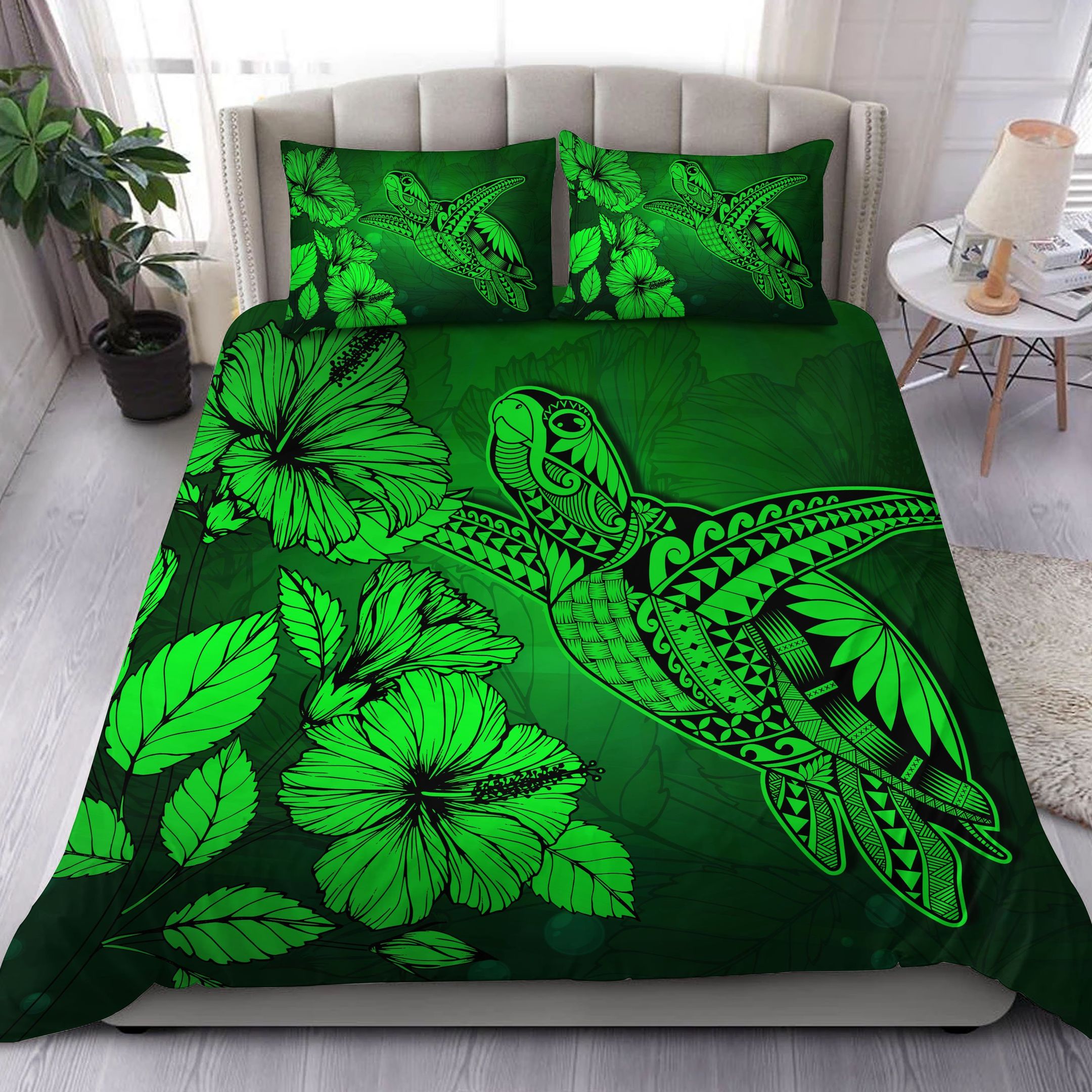 Hawaii Turtle Reach To The Sky Hibiscus Green Bedding Set