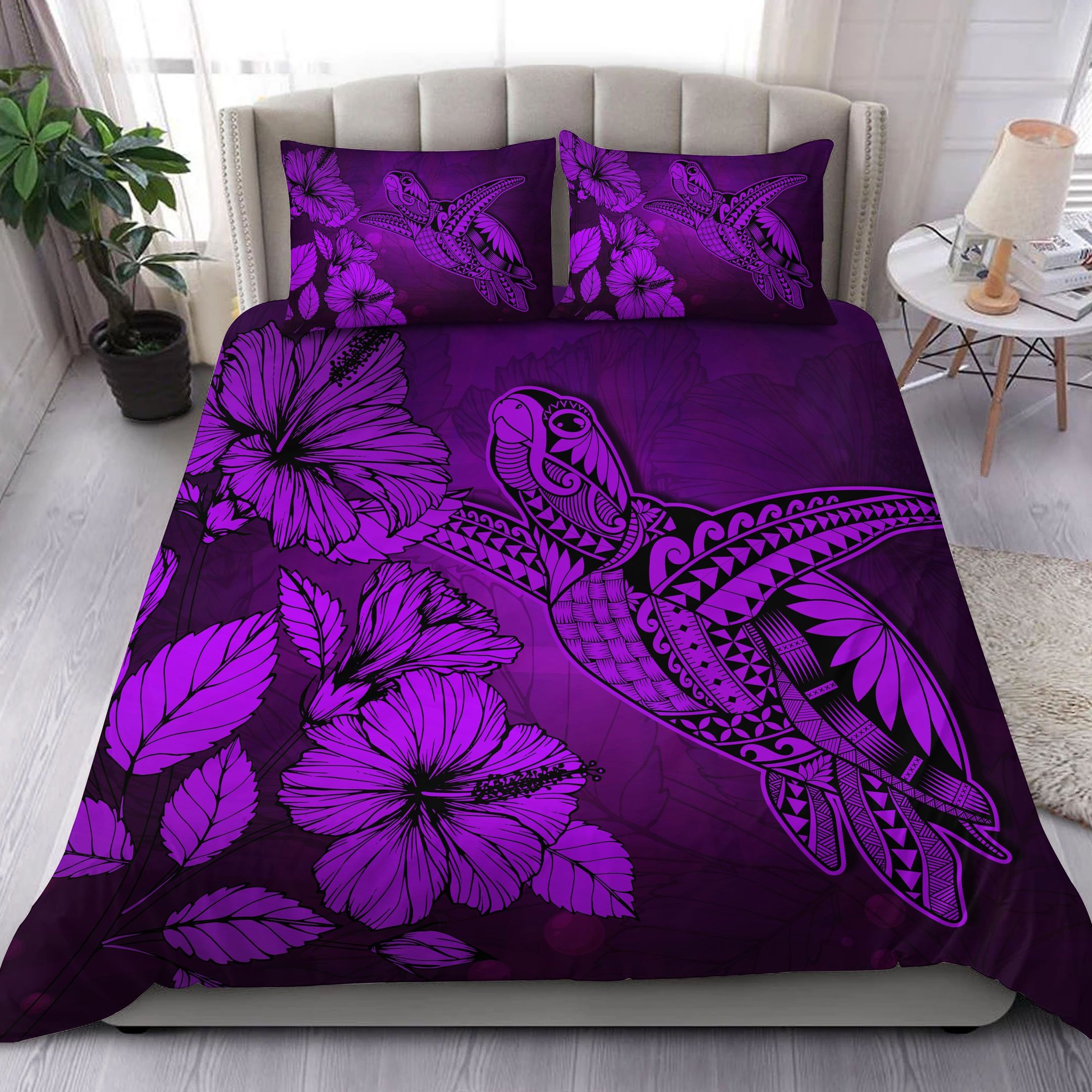 Hawaii Turtle Reach To The Sky Hibiscus Purple Bedding Set