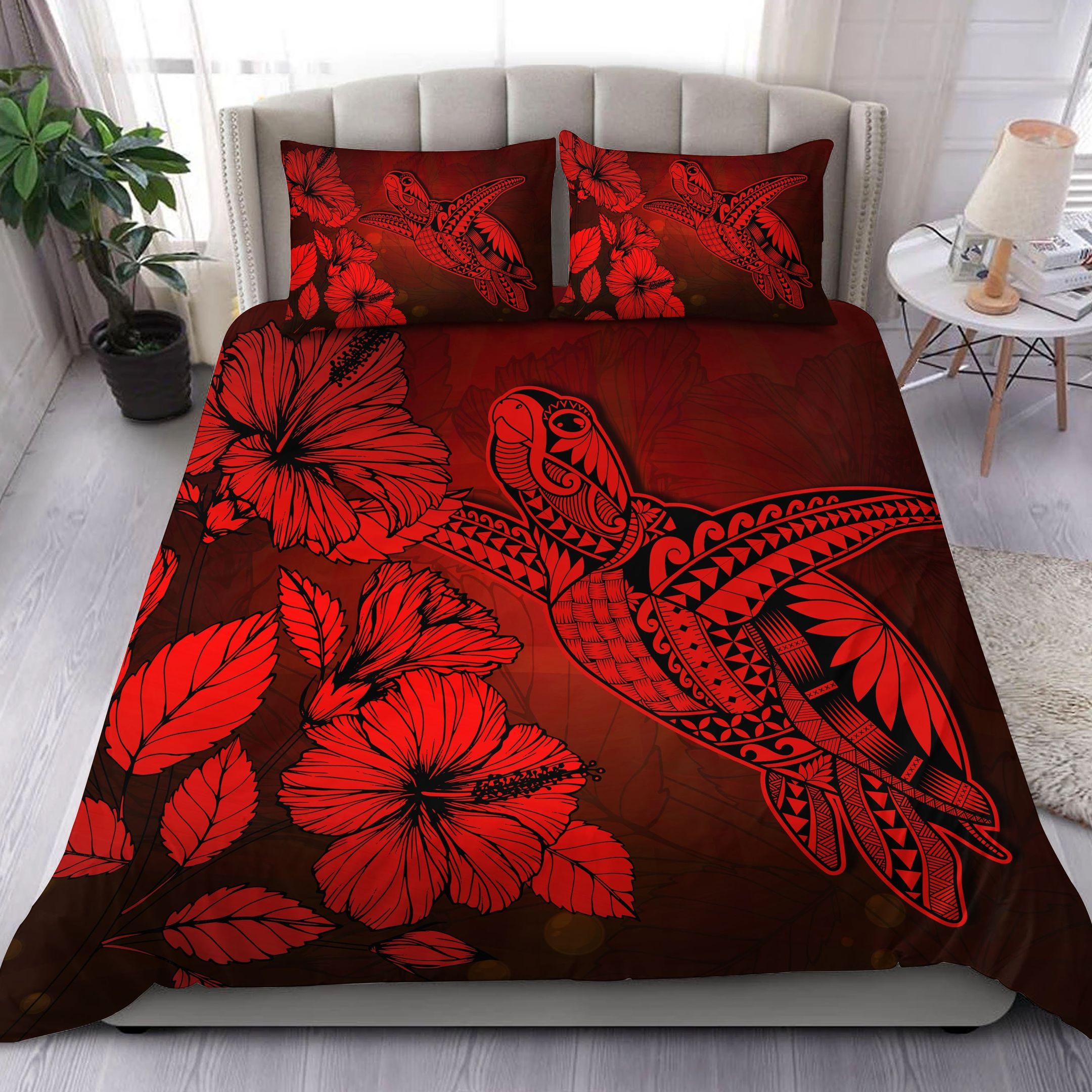 Hawaii Turtle Reach To The Sky Hibiscus Red Bedding Set