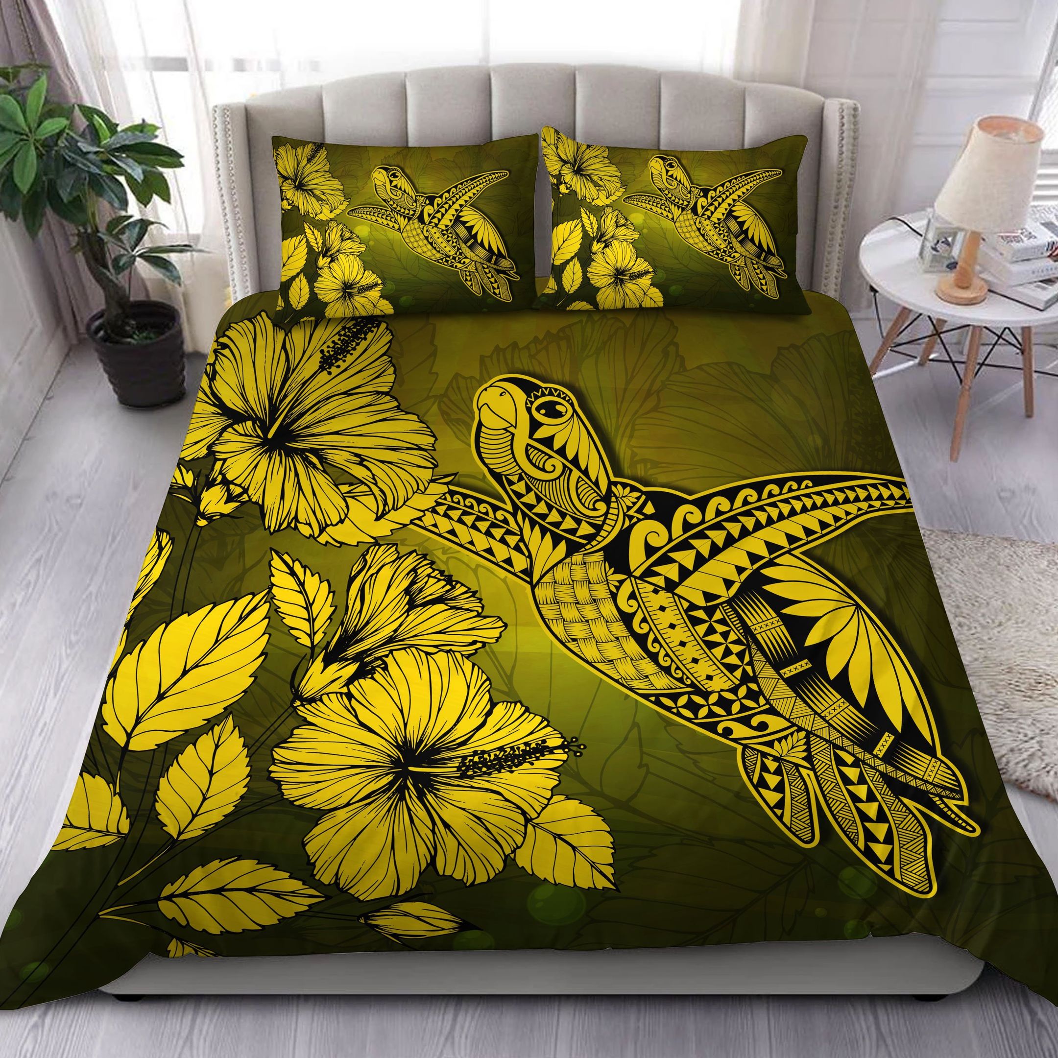 Hawaii Turtle Reach To The Sky Hibiscus Yellow Bedding Set